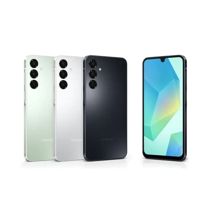 Smartphone Samsung Galaxy A16 4G em quatro cores: verde, branco, preto e cinza, com câmera quadrupla traseira e tela frontal.