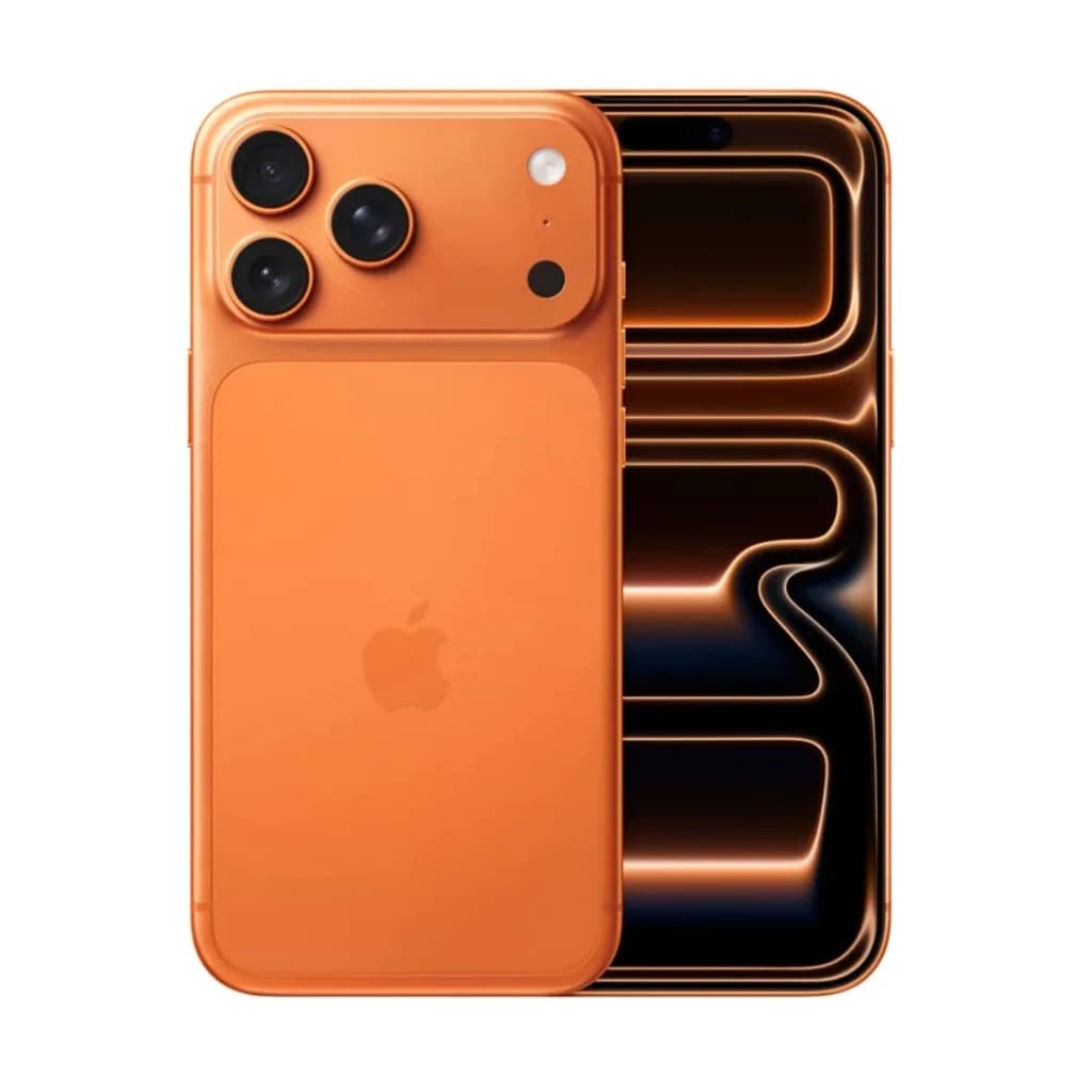 Verso do iPhone 17 Pro Max em laranja, com layout da câmera traseira e logo da Apple.