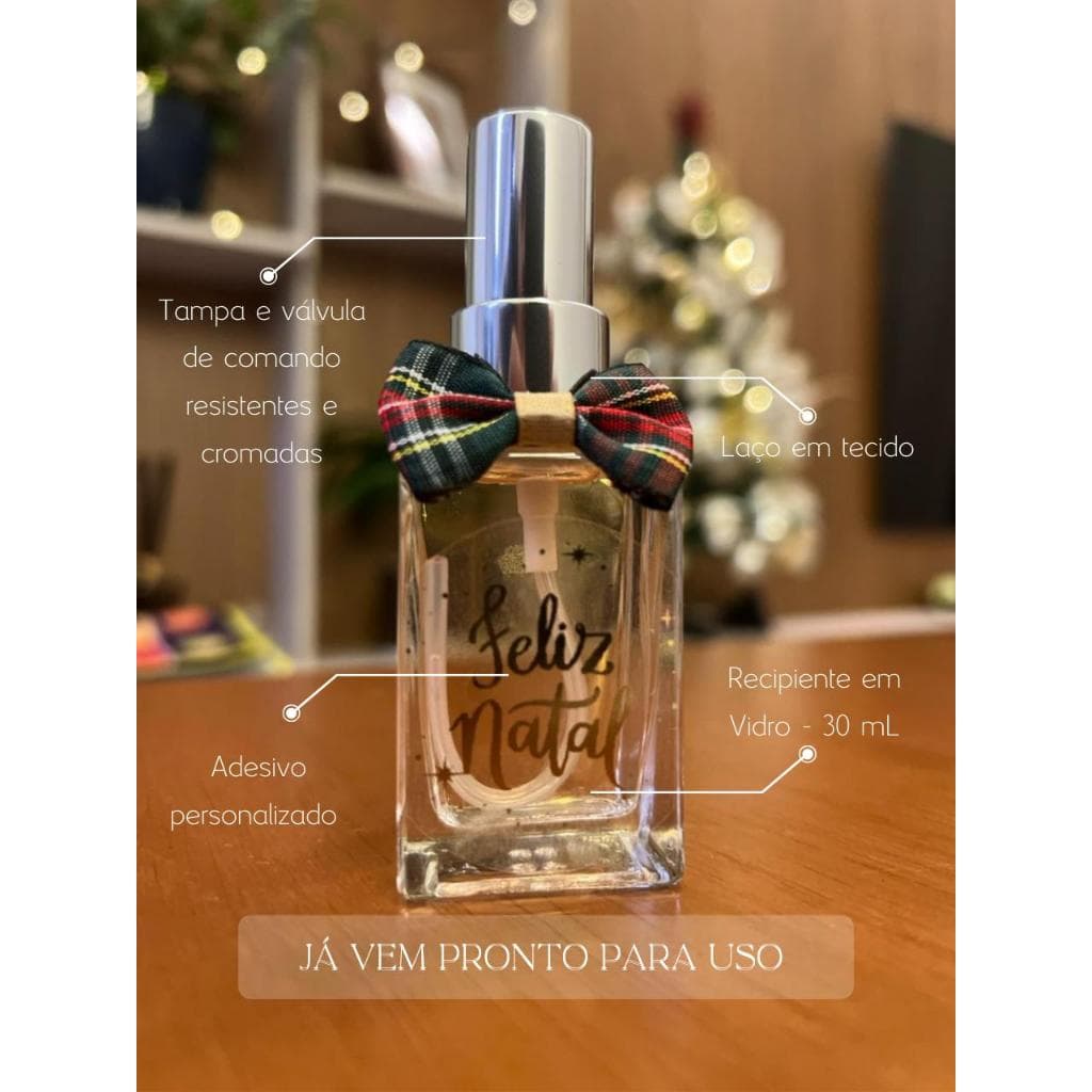 Frasco de spray personalizado 30ml Feliz Natal com tampa cromada e laço de cetim