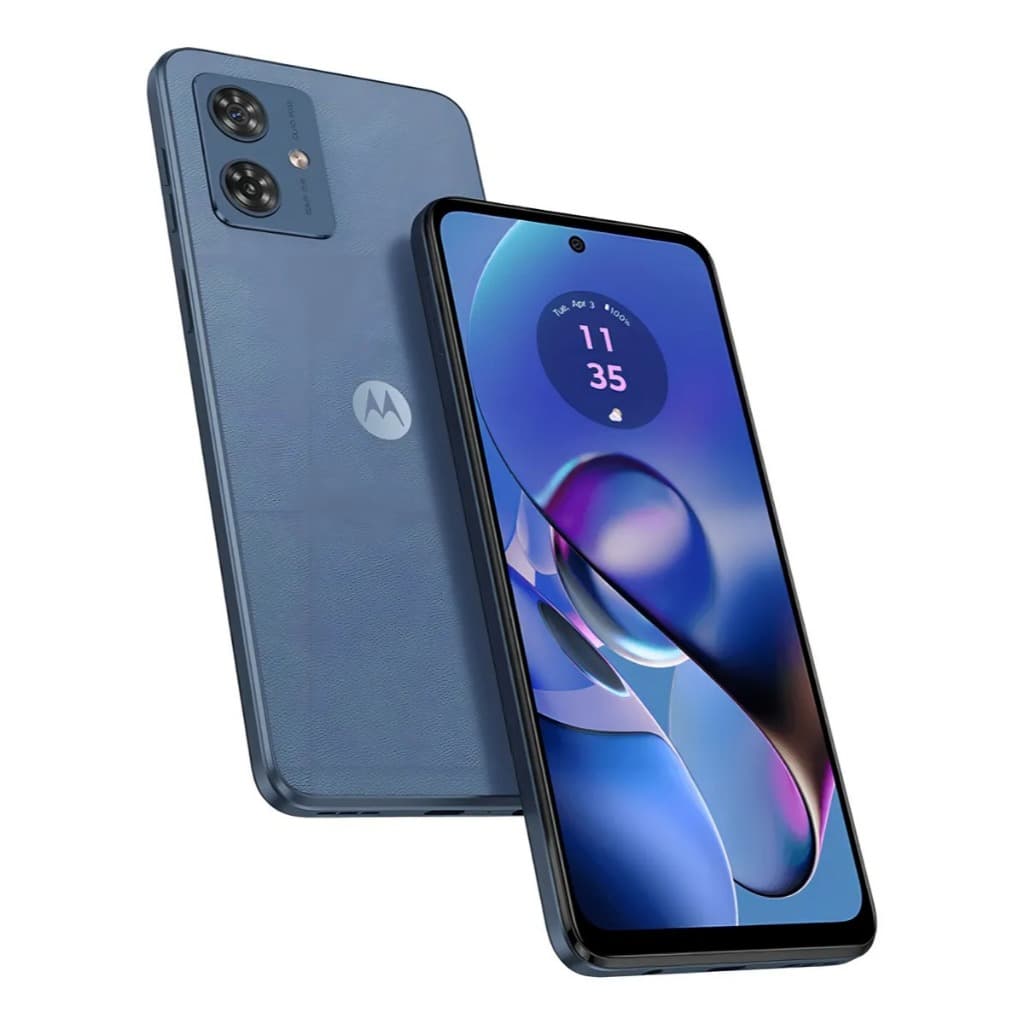 Imagem do celular Motorola Moto G54 5G, azul índigo, visão frontal e traseira, com configuração de câmera dupla e tela FHD+ mostrando hora.