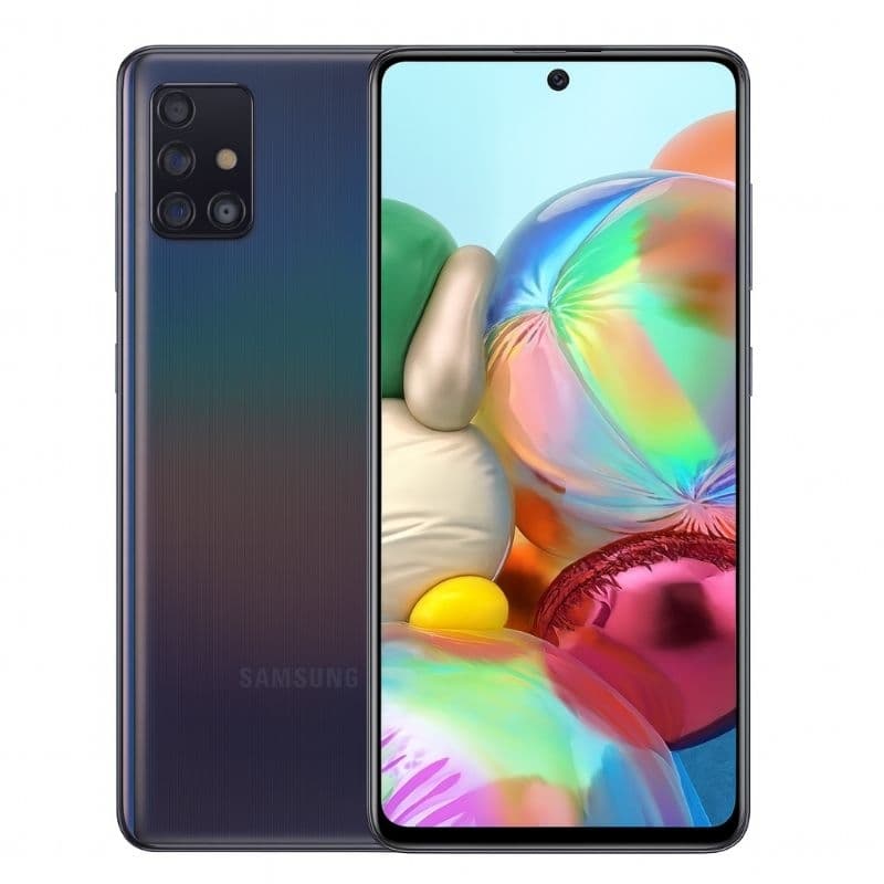 Samsung Galaxy A71 Preto com tela de 6,7 polegadas e quatro câmeras na parte superior esquerda
