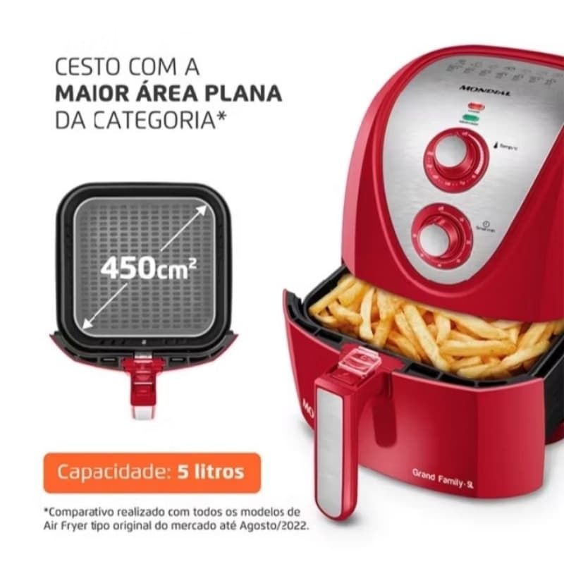 Fritadeira Air Fryer Mondial 5 Litros Vermelha com Batatas Fritas