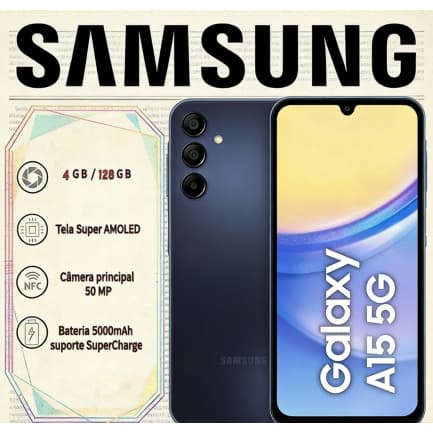 Smartphone Samsung Galaxy A15 5G 128GB, 4GB RAM, Câm. Tripla 50MP, Tela 6.5
