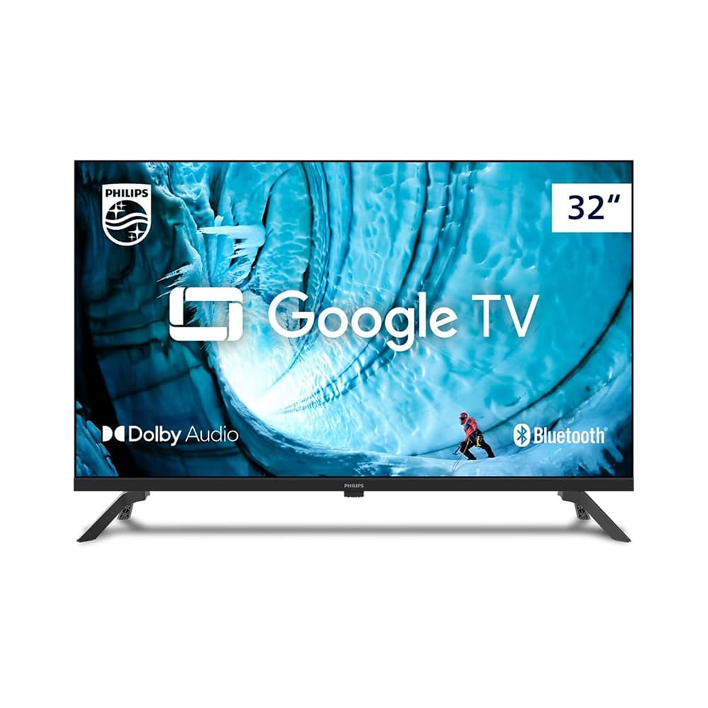 TV Philips LED HD 32 polegadas, série 6900, com tela azul exibindo Google TV, Dolby Audio e Bluetooth