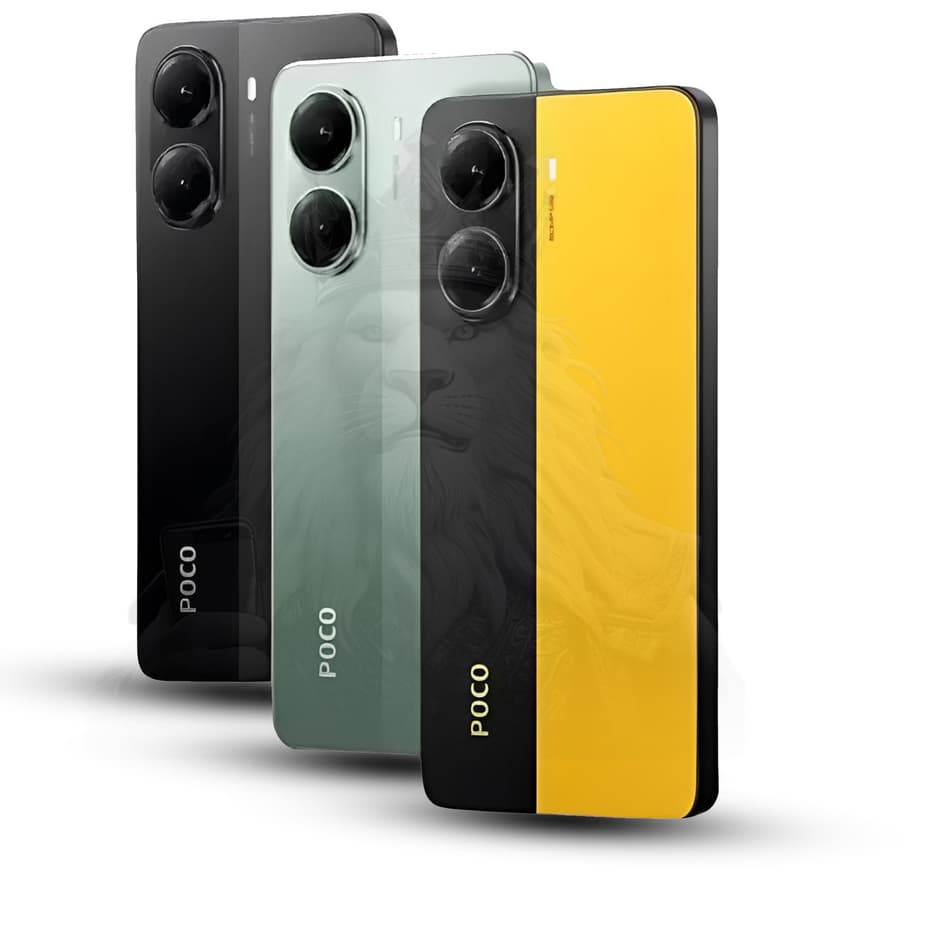 Smartphone Xiaomi Poco X7 Pro 5G NFC em três cores: preto, verde translúcido e amarelo com preto, mostrando a parte de trás com câmera dupla e logotipo POCO.