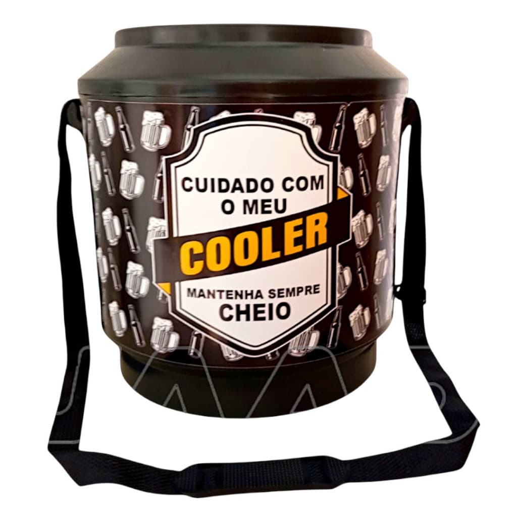 Cooler térmico grande redondo com estampa cerveja, preto com alça ajustável