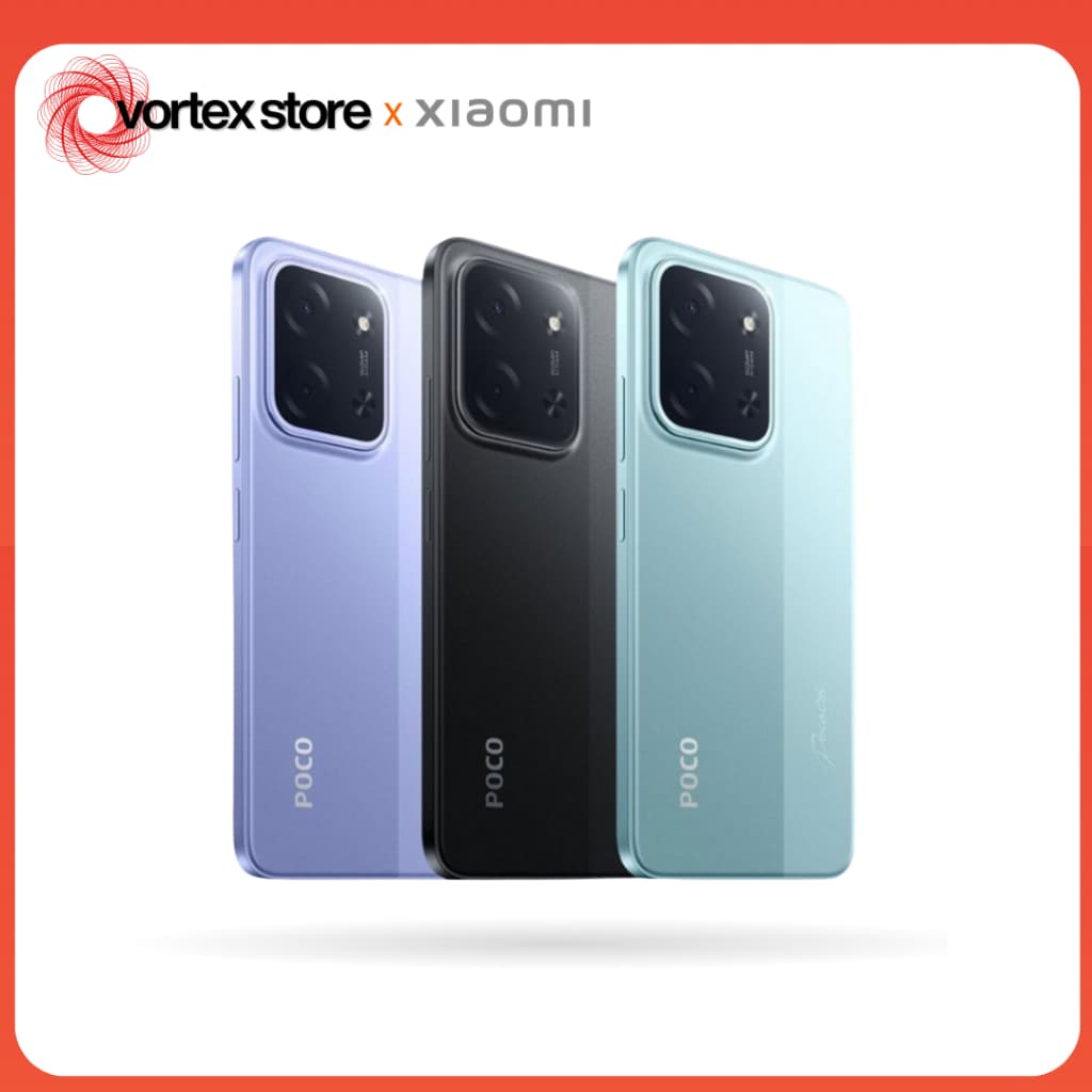 Smartphone Xiaomi POCO C85 em três cores: azul claro, preto e ciano claro, mostrando a câmera traseira e a marca POCO.