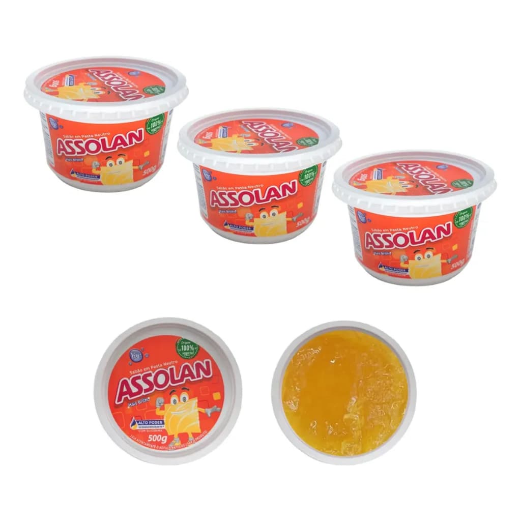 Kit 3 Unidades Sabão em Pasta Clássico com Glicerina 500g Assolan Limpeza Geral Cozinha Multiuso