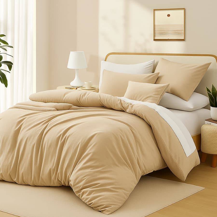 Edredom super king bege 400 fios em cama com almofadas e lâmpada
