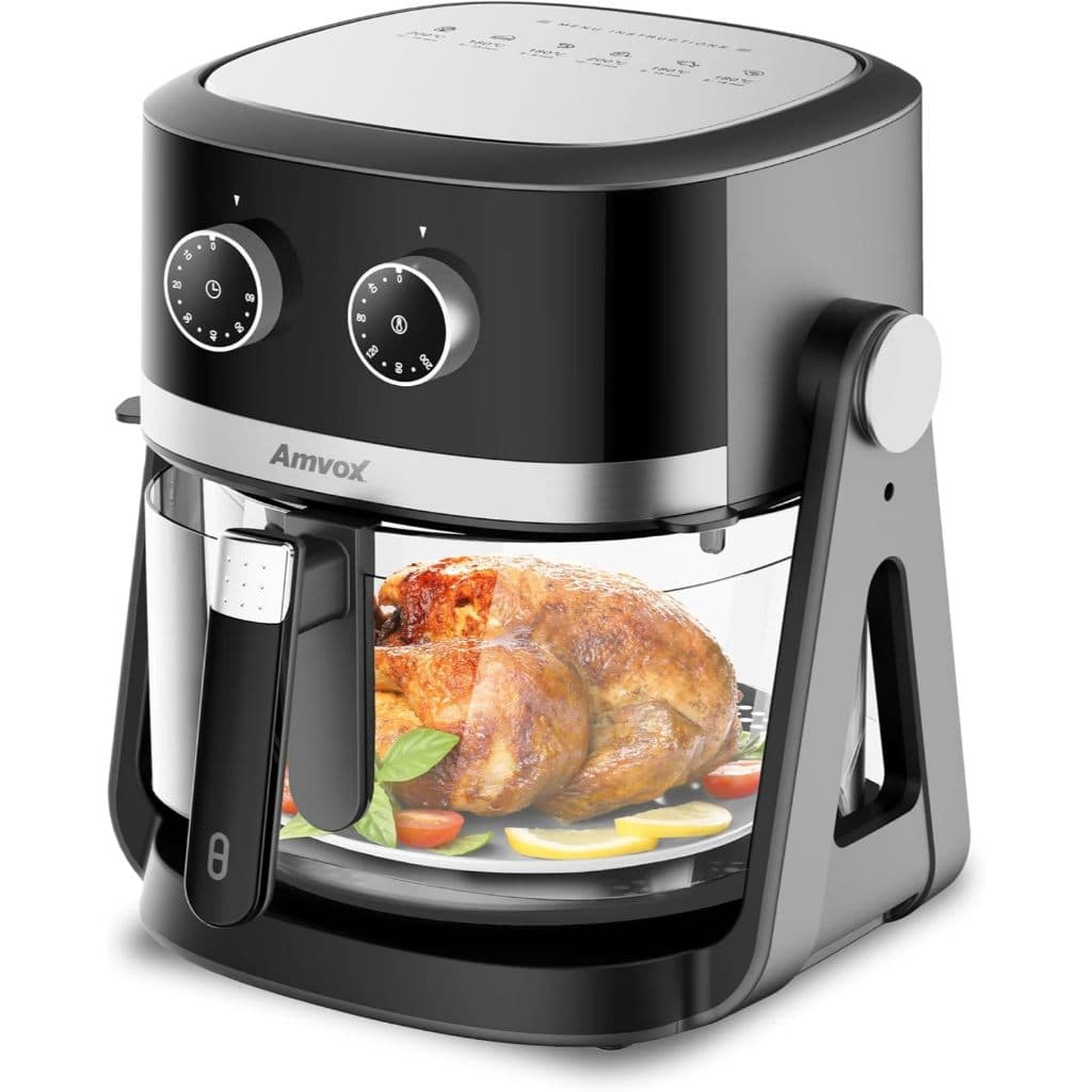 Fritadeira elétrica Amvox com cesto de vidro e frango assado