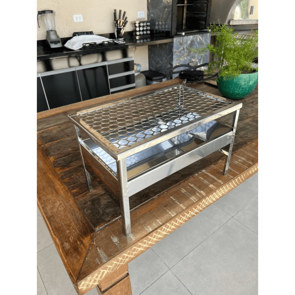Churrasqueira inox portátil para camping e praia, fácil transporte, grelha hexagonal, aço inoxidável, mesa de madeira