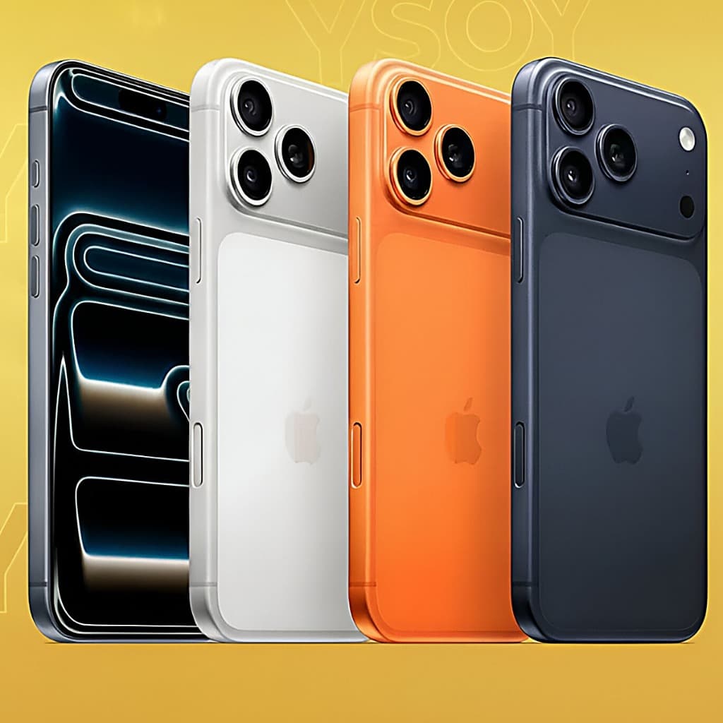 iPhone 17 Pro Max e 17 Pro em cores preto, laranja, branco e azul com fundo amarelo