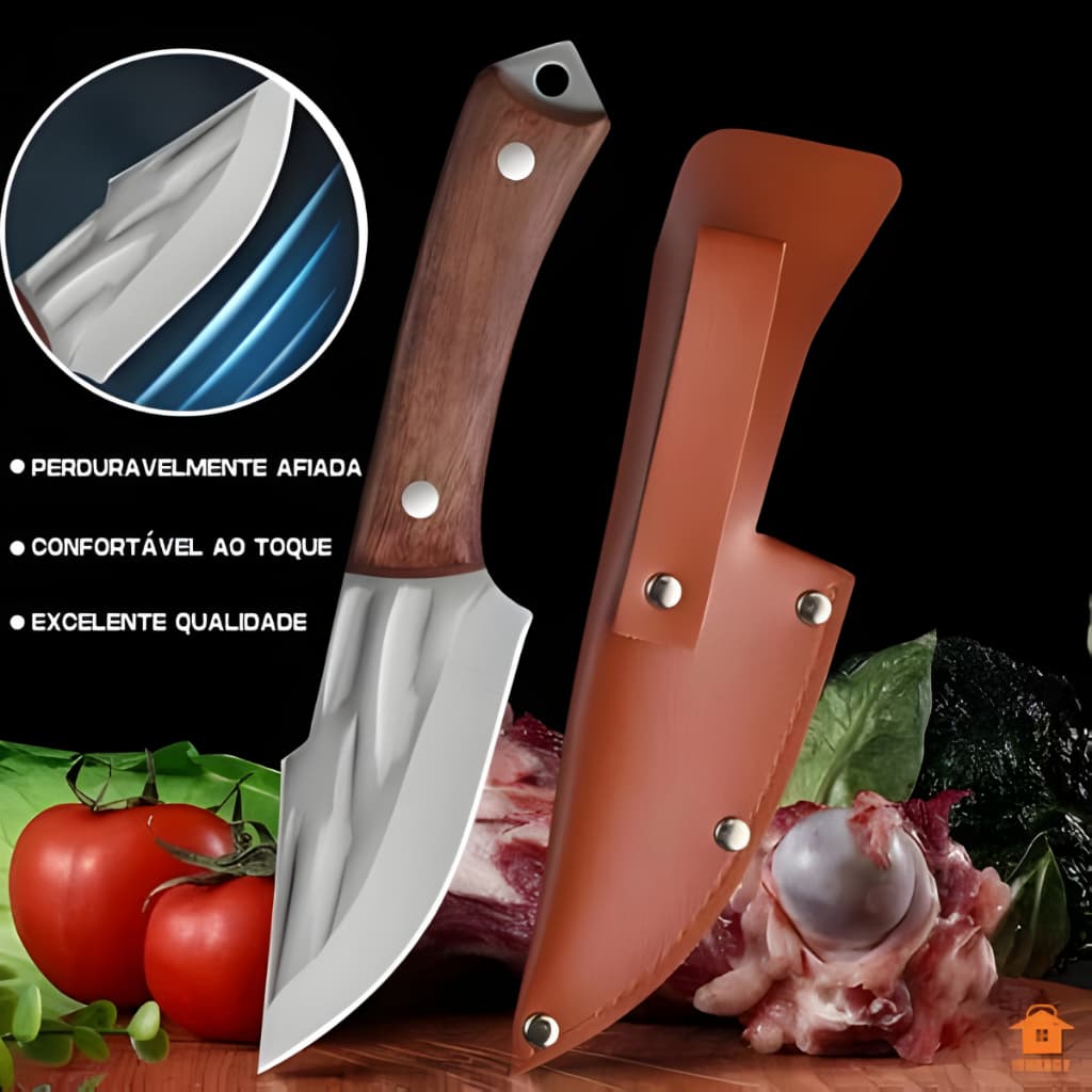 Faca de Desossa Profissional, Faca Cutelo Forjado Artesanal Rustico Com Bainha Churrasco de Cozinha