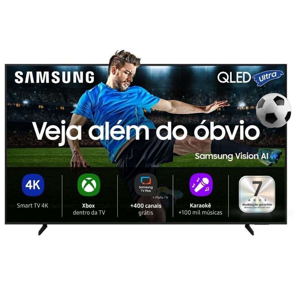 Smart TV Samsung Vision IA QLED 75'' QN75Q7fAA, tela 4K, interface com ícones de aplicativos, mais de 400 canais gratuitos e 100 milhões de músicas