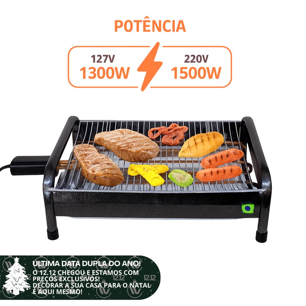 Churrasqueira Elétrica Portátil 127V/220V com Bandeja - Promoção de Natal