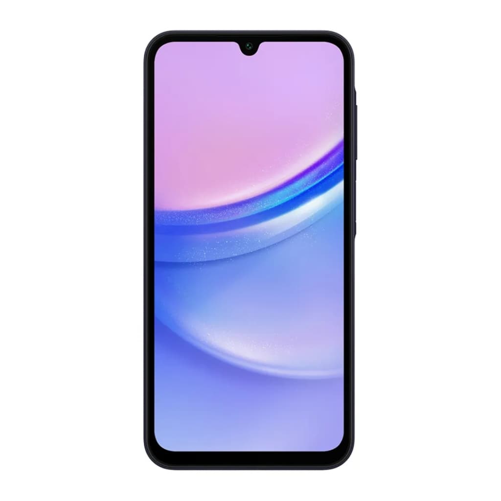 Smartphone Samsung Galaxy A15 4G com tela desligada em tons de azul e roxo