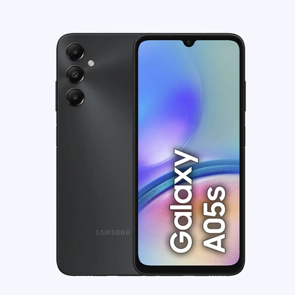 Smartphone Samsung Galaxy A05s 4G com 128GB de armazenamento e 6GB de RAM, exibindo a tela principal com uma imagem multicolorida e o texto 'Galaxy A05s'. O dispositivo está em uma cor predominantemente preta com bordas finas e um acabamento fosco.