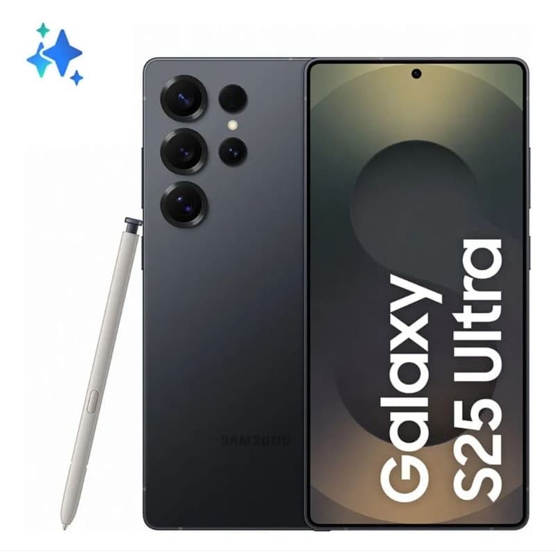 Smartphone Samsung Galaxy S25 Ultra em preto metálico, com stylus branco, mostrando câmera traseira e texto na tela.
