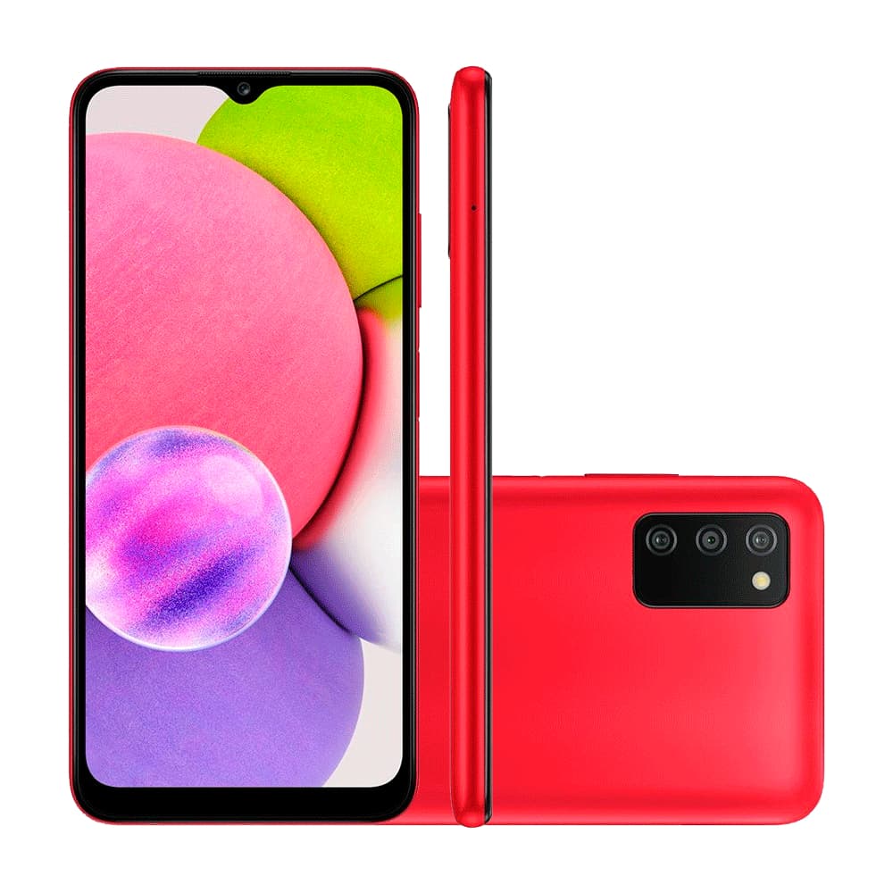 Smartphone Samsung Galaxy A03s, cor vermelha, frente e verso com câmeras, fundo branco