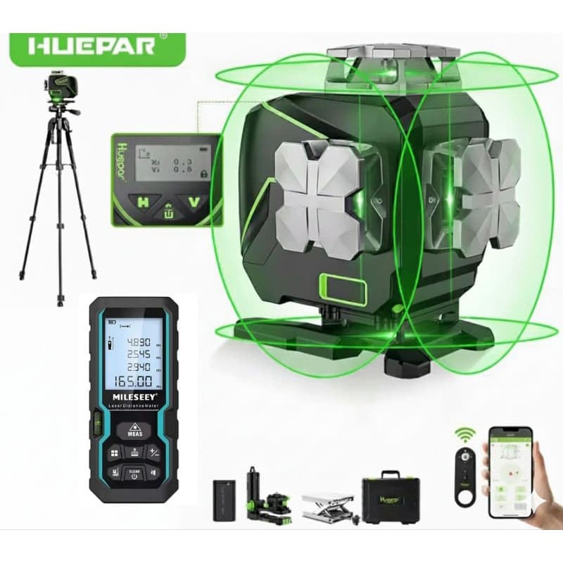 Kit nível a laser S04CG Huepar com tripé e trena, 16 linhas, verde e cinza