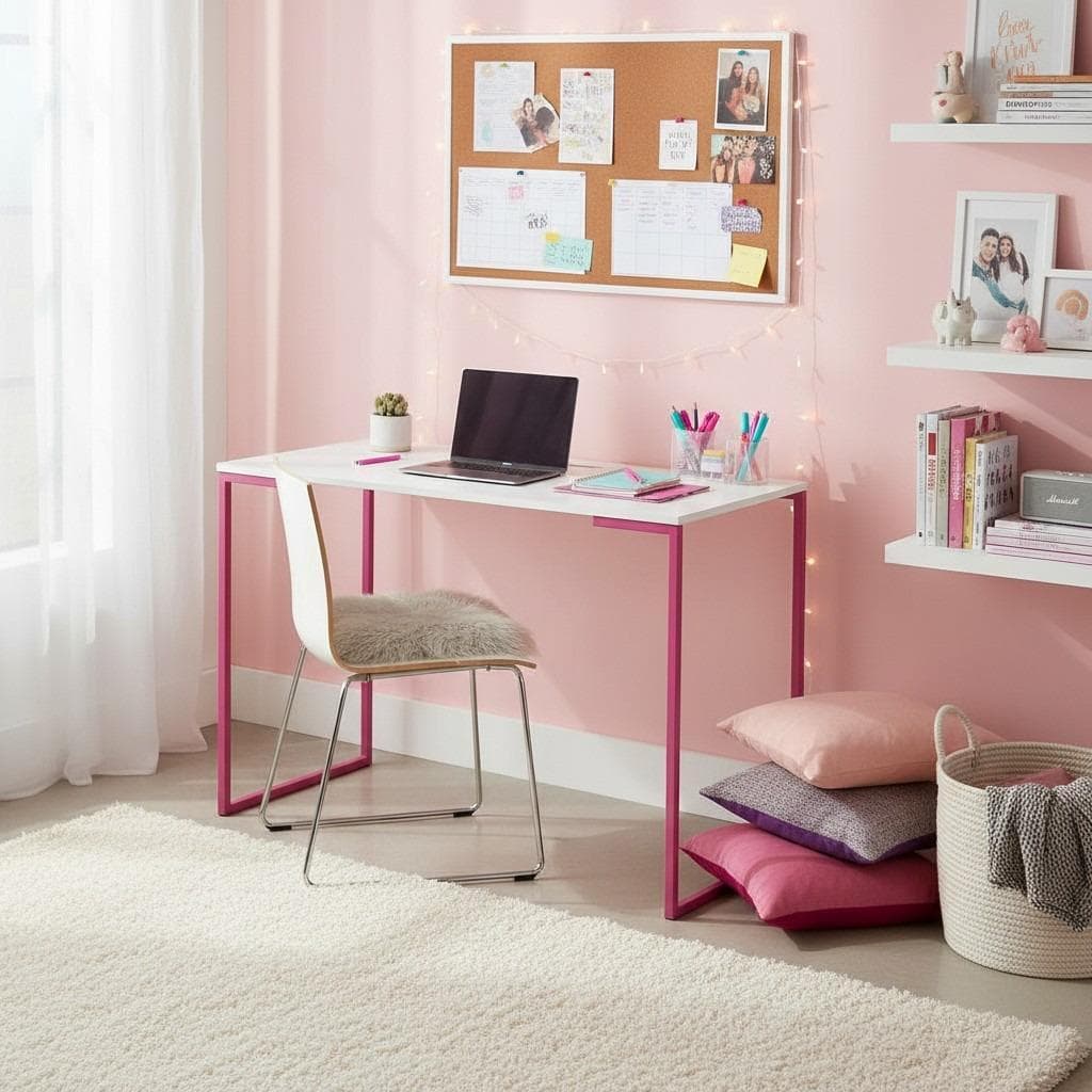 Mesa Infantil Escrivaninha 120cm Branca - Rose com Base Metálica Preta – Compacta e Sofisticada