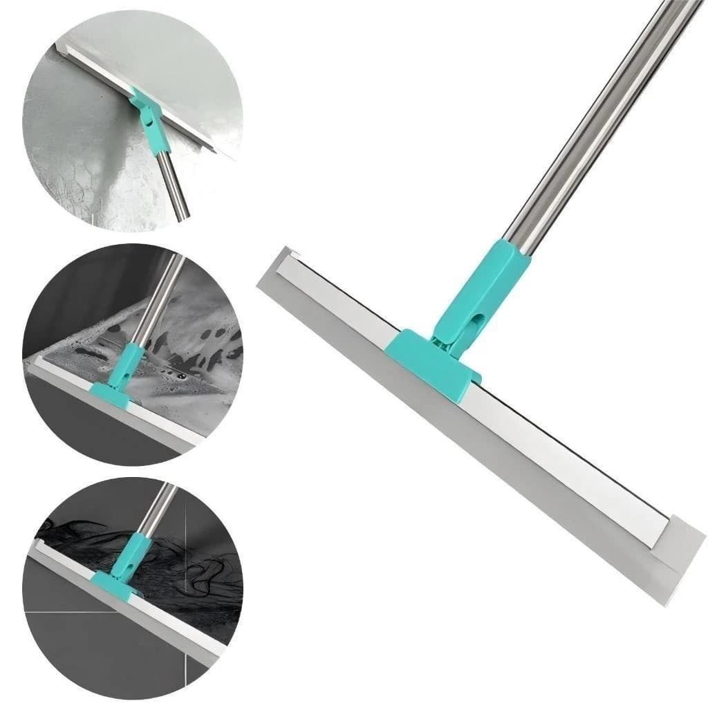 Rodo de silicone para limpeza com lâmina transparente e cabo metálico azuis