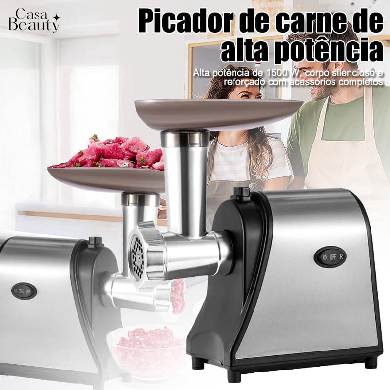 Moedor de Carne Elétrico 1500W Aço Inox 110/220V com Funil para Linguiça e 3 Discos de Corte-CASA BEAUTY