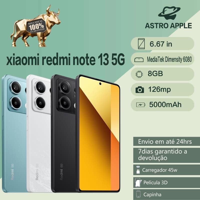 Celular Xiaomi Mi Note 13 5G 8GB 128GB Global Original 5000mAh Bateria AMOLED 120Hz NFC Nota Fiscal