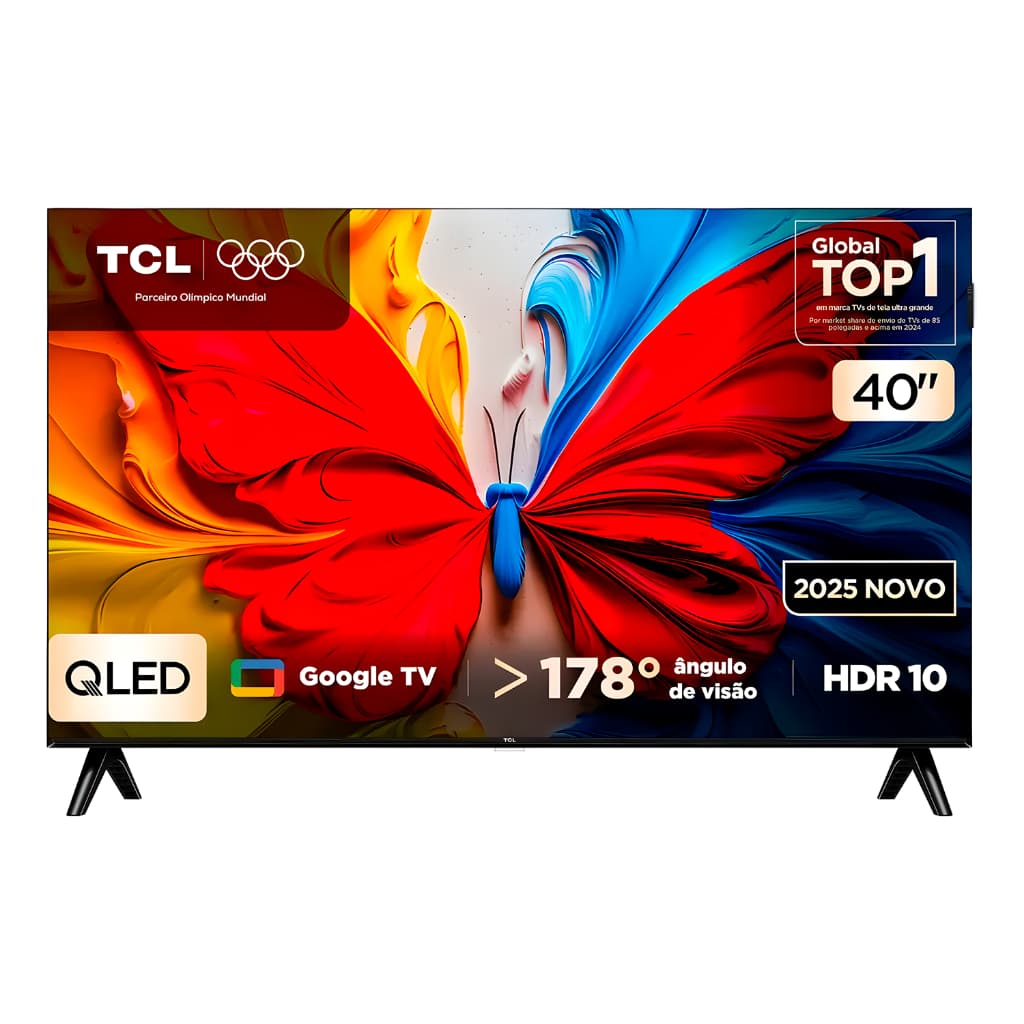 Smart TV TCL QLED 40 polegadas com Google TV, HDR 10, ângulo de visão de 178 graus, modelo 2025, tela colorida com imagem de borboleta.