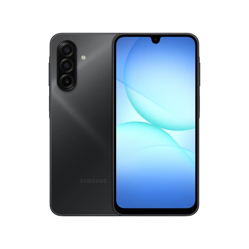 Imagem frontal do Samsung Galaxy A17, smartphone com visor azul e câmera tripla, fundo branco.