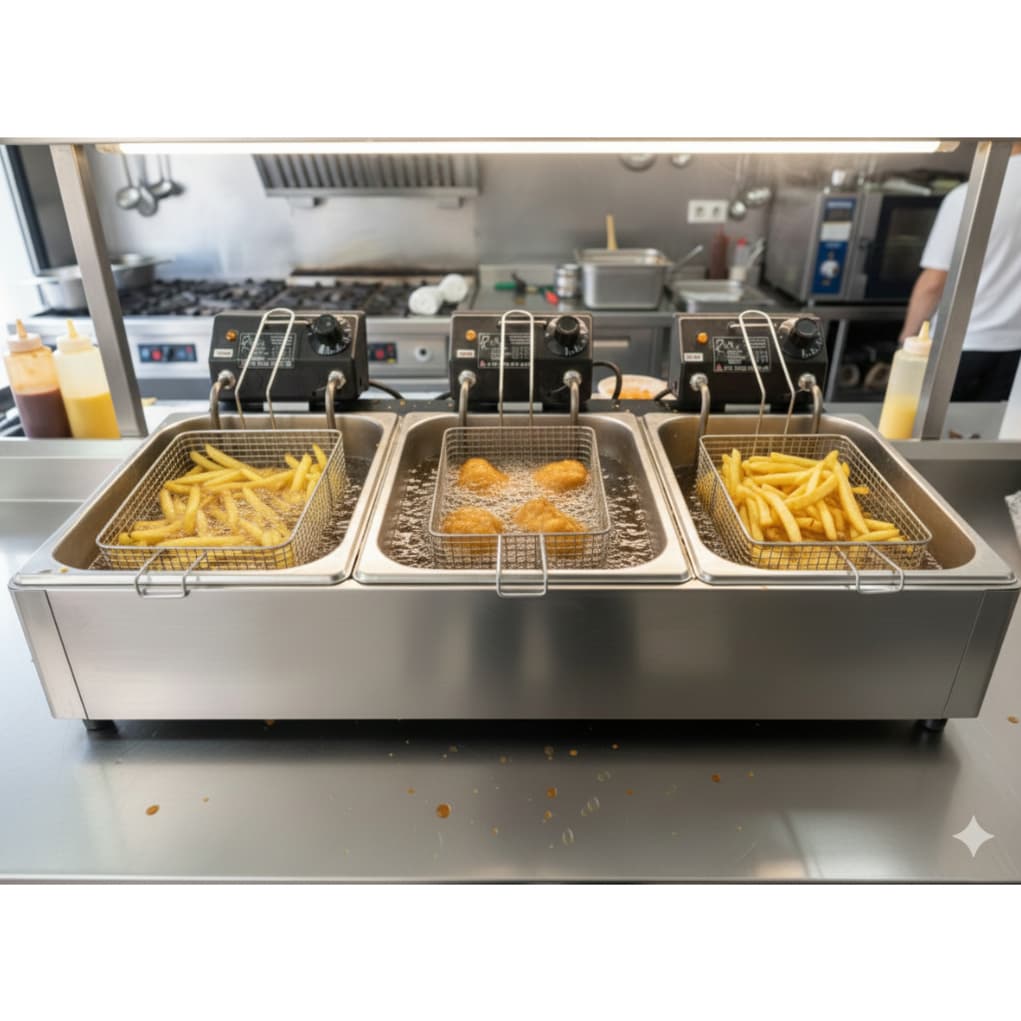 Fritadeira elétrica profissional linha industrial 21 litros com três cubas em aço
