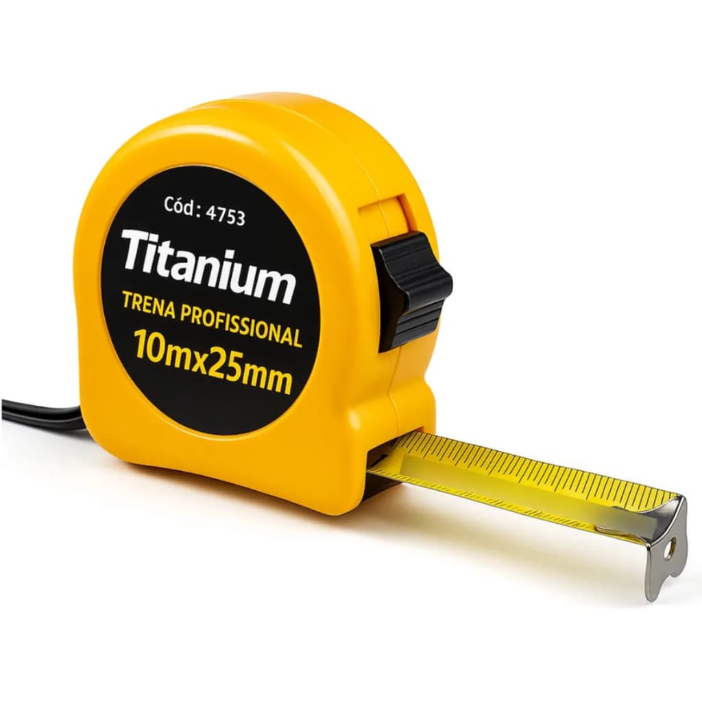Trena profissional Titanium 10m x 25mm amarela com fita métrica e rótulo preto
