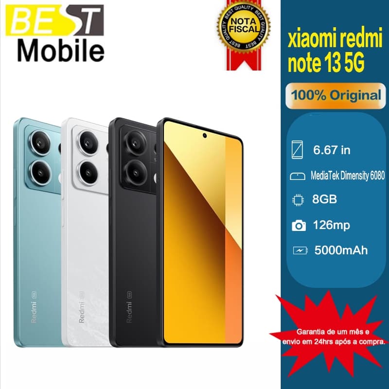 Xiaomi Redmi Note 13 5G 8GB 128GB Global Original 5000mAh Bateria AMOLED 120Hz NFC Nota Fiscal