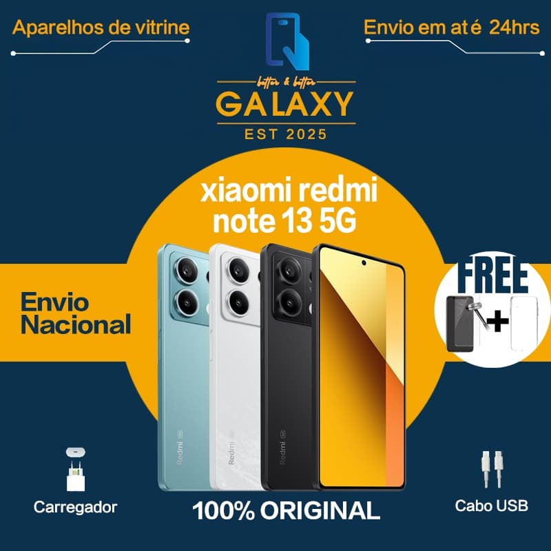 Imagem promocional do Xiaomi Redmi Note 13 5G em quatro cores com texto promocional.