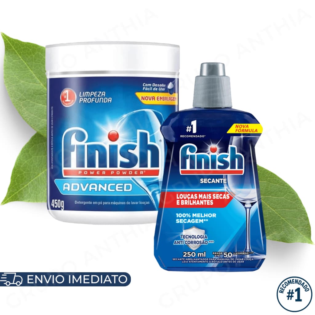 Finish Detergente em Pó 450g e Secante 250ml para Lava Louças Original Limpeza e Secagem Rápida