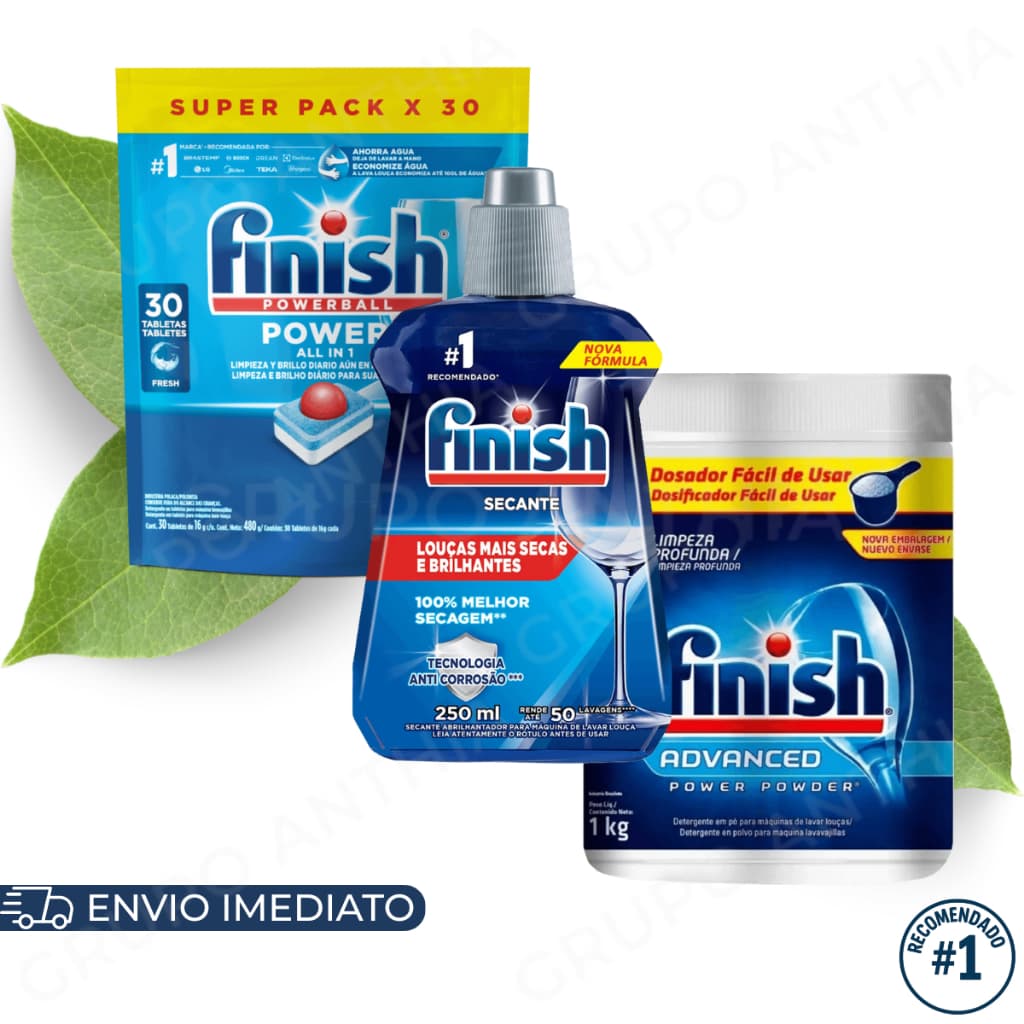 Finish Detergente em Pó 450g/1kg e Detergente em Tablete 13/30tabs e Secante 250ml Lava Louças