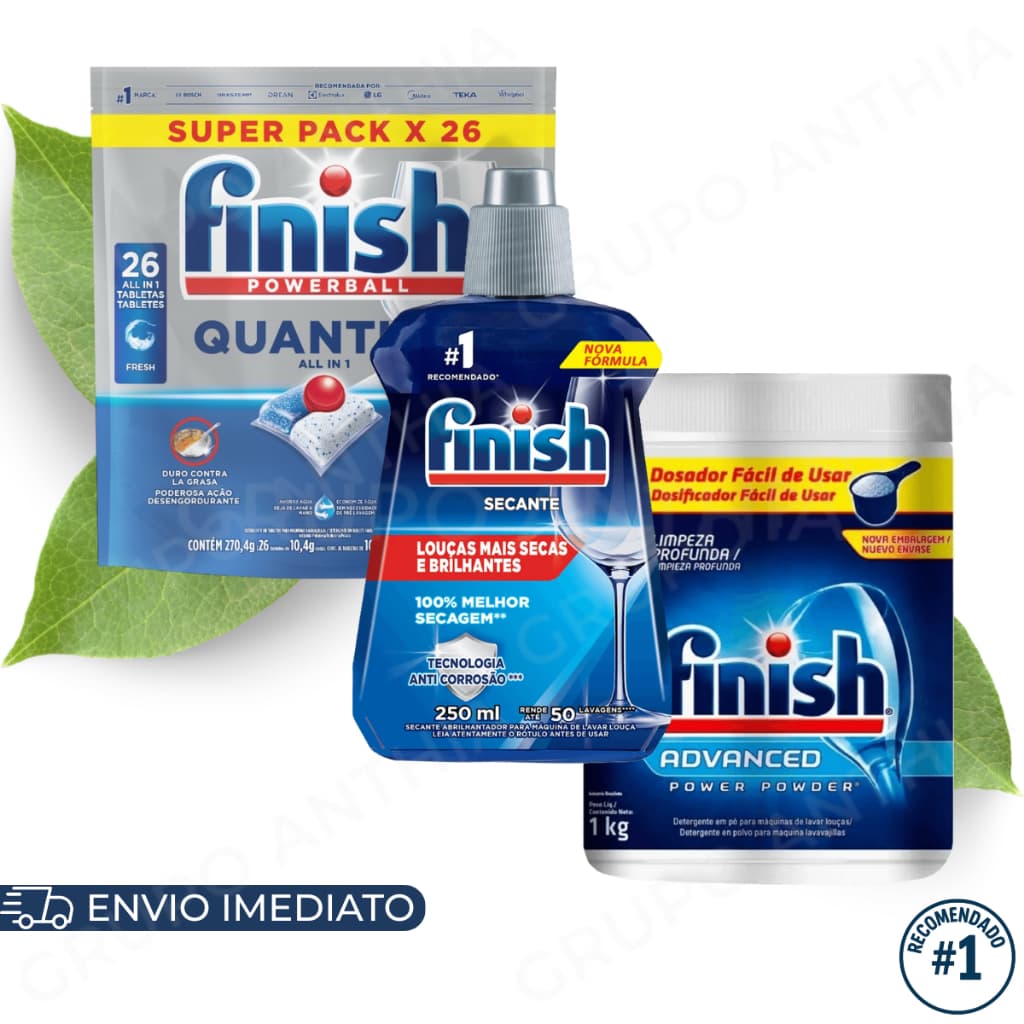 Finish Detergente em Pó 450g/1kg e Detergente em Tablete 10/26tabs e Secante 250ml Lava Louças