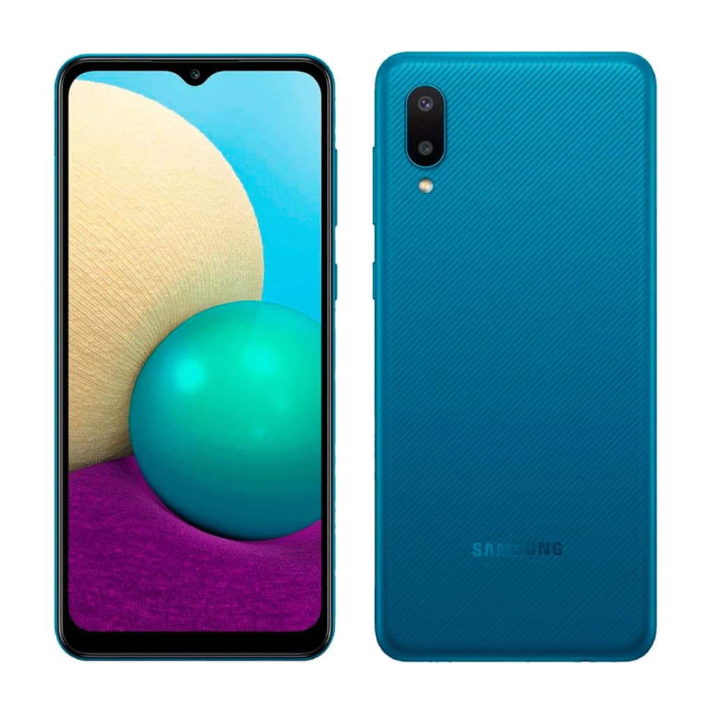 Smartphone Samsung Galaxy A02 32GB Azul, visão frontal e traseira, cor azul, logo Samsung, câmera dupla