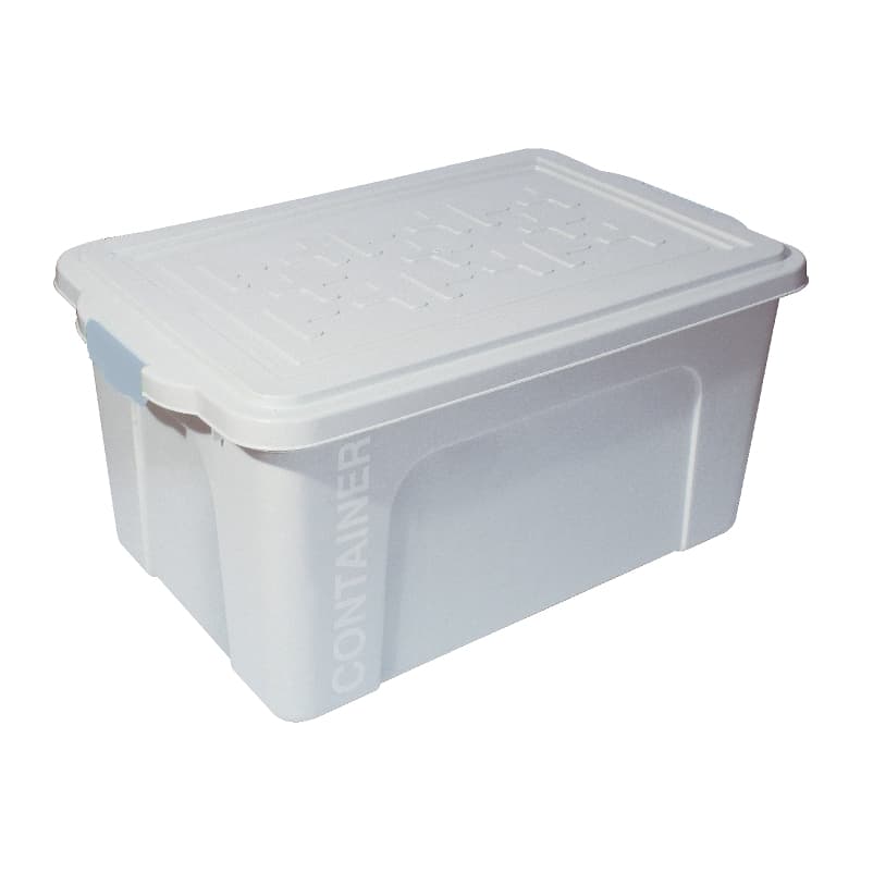 Caixa plástica organizadora 70 litros branca com tampa encaixável e etiqueta 'CONTAINER', fundo branco