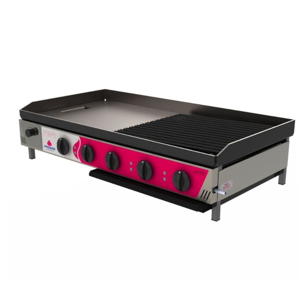 Chapa e char broiler a gás estilo industrial em aço inox, chapa de cozimento preta e grelha vermelha e preta, controle de gás e botões de ajuste.