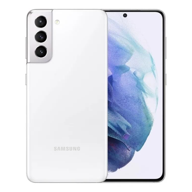 Smartphone Samsung Galaxy S21 branco, tela AMOLED, câmera traseira tripla, logo Samsung