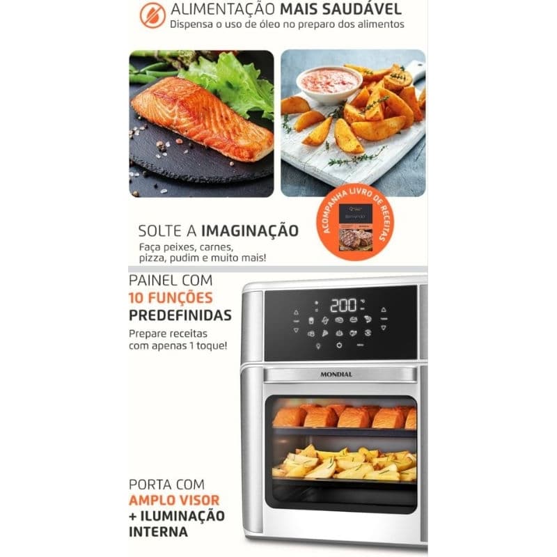 Fritadeira Mondial Air Fryer Forno Oven 12L 2000W 220V com alimentos preparados