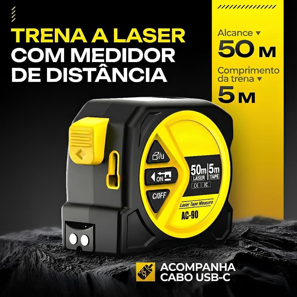 Trena A Laser 50m Fita Métrica 5m Multifuncional 2 em 1 Visor Digital Cálculo Automático SMMT AC-90