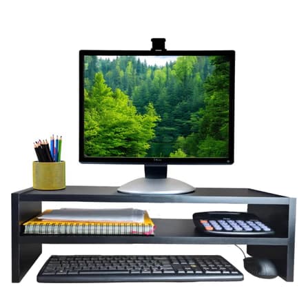 Suporte ergonômico para monitor preto com vão organizador e monitor de tela verde