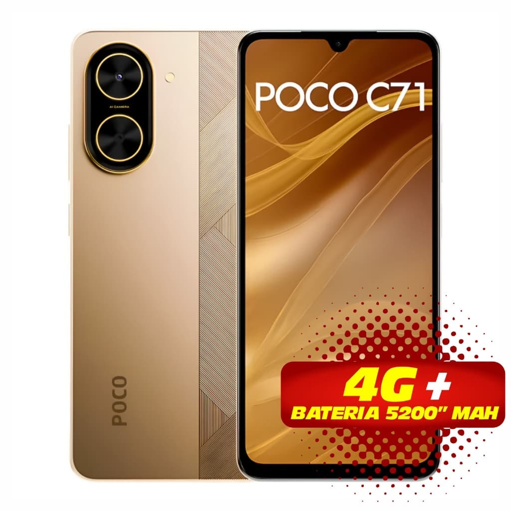 Smartphone Xiaomi Poco C71 128GB/64GB Dual Sim com bateria de 5200 mAh e 4G+, cor dourada.