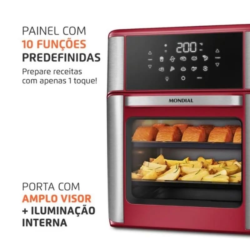 Fritadeira de Ar Mondial Vermelha 12L 2000W com Painel Digital e 10 Funções Predefinidas