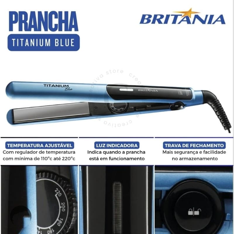 Prancha Chapinha Profissional Britânia Titanium AZUL BIVOLT(pega  220 volts e 127 volts)Até 220°C Aquecimento Rápido