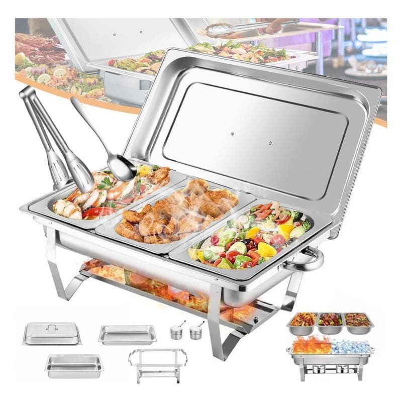 Rechaud profissional inox 12L com divisórias para buffet e eventos, com alimentos variados