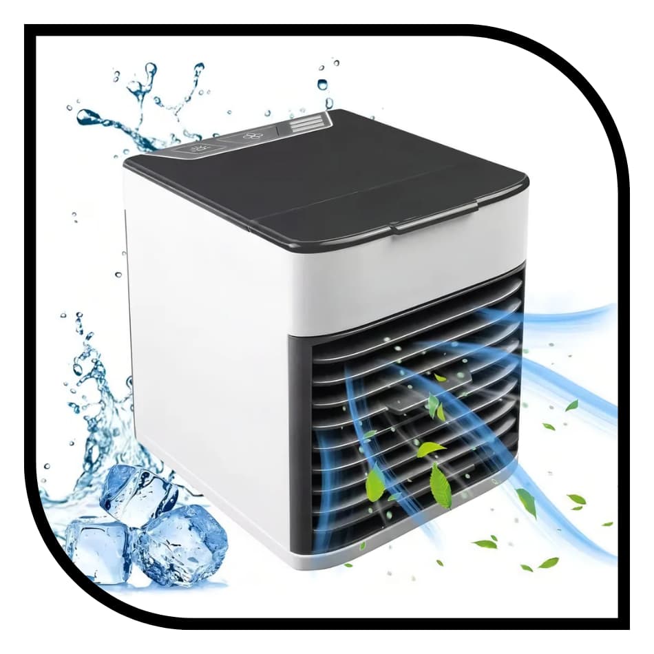Mini ar-condicionado portátil USB, branco e preto, com saída de ar refrescante e ilustrações de gelo e água.