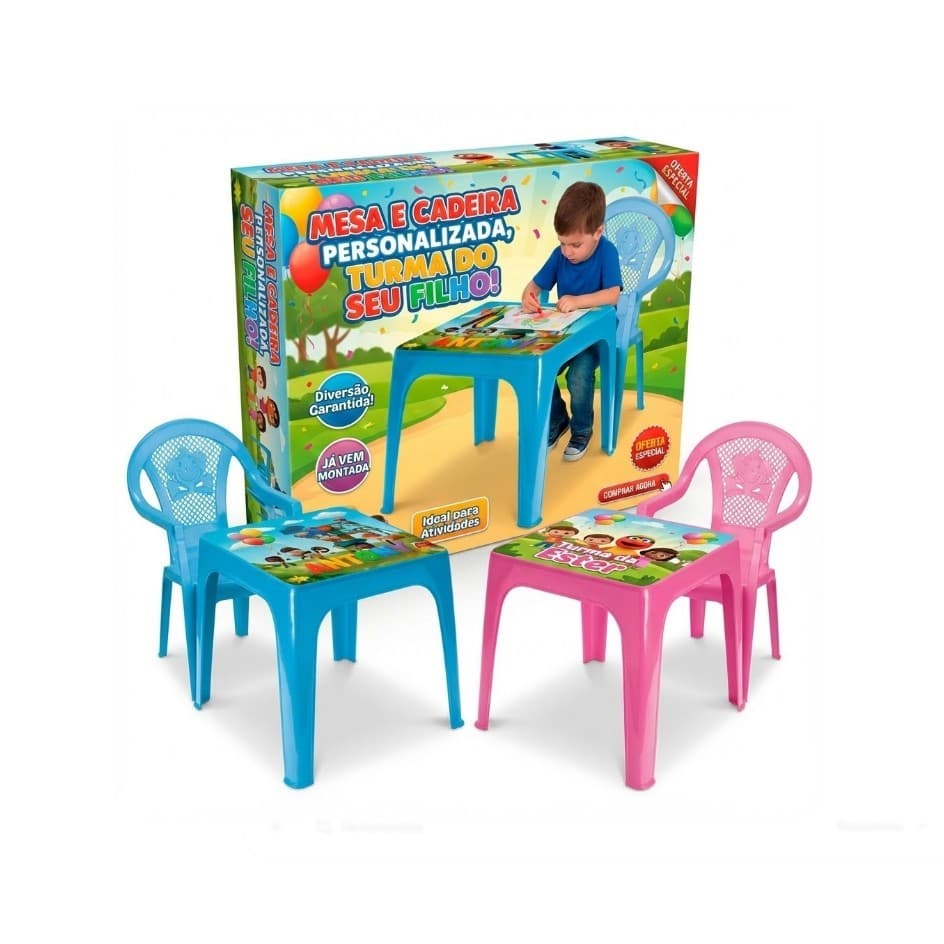 Conjunto Mesa Personalizada + 2 Cadeiras Infantil Com Nome Do Seu Filho Plastico Resistente Rosa Azul